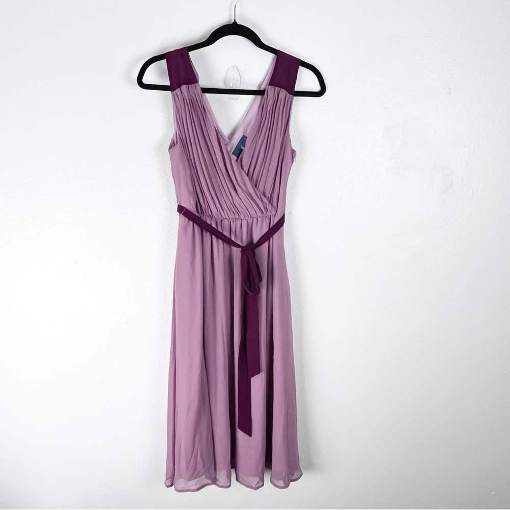 MODCLOTH Wholly Romantic Mauve Tie Waist Pleated V-Neck Chiffon Dress Small